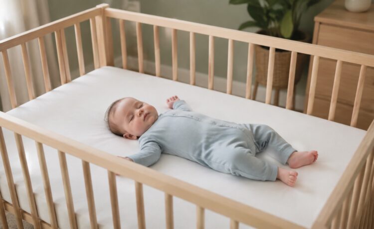 Baby sleeping safely on their back in an empty crib