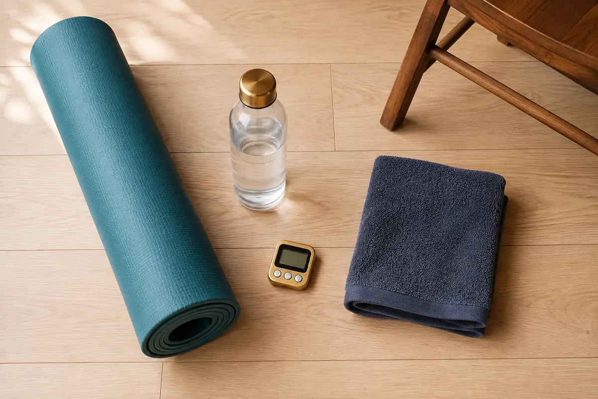 Exercise mat, sturdy chair, water bottle, towel and timer for a home workout