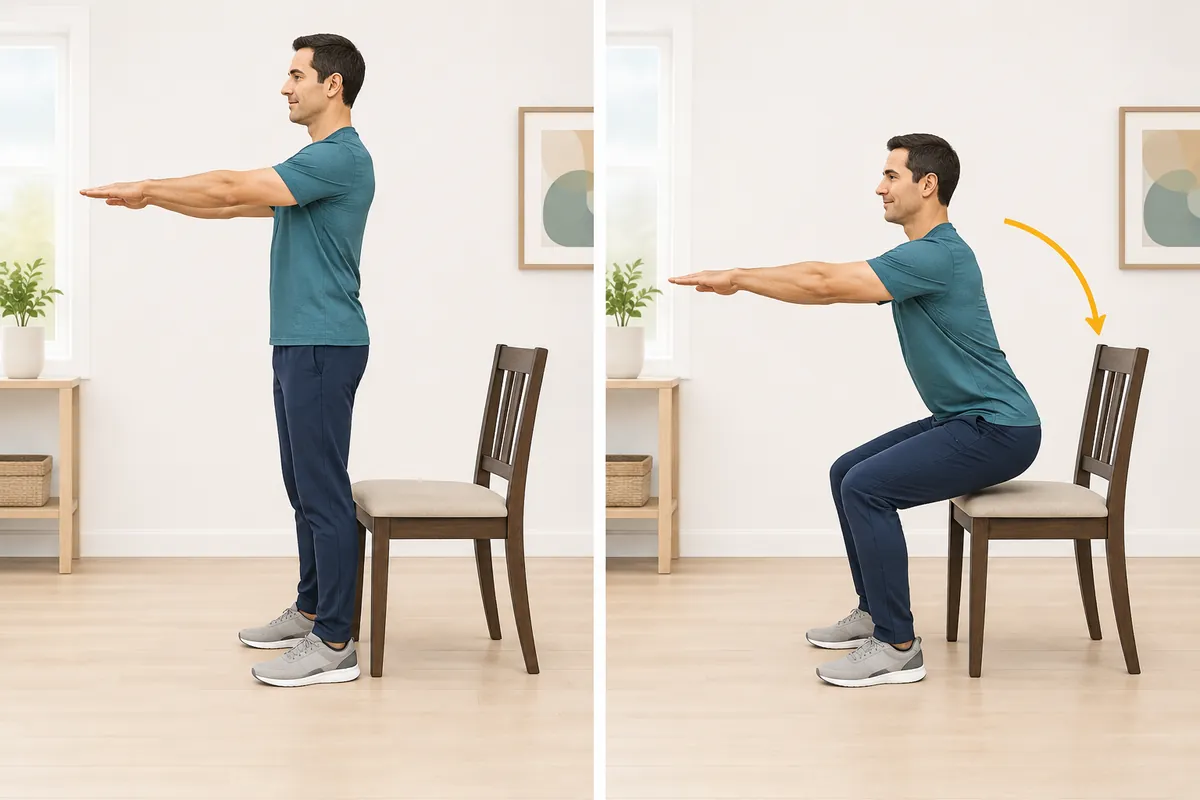 Beginner chair squat starting and lowered positions