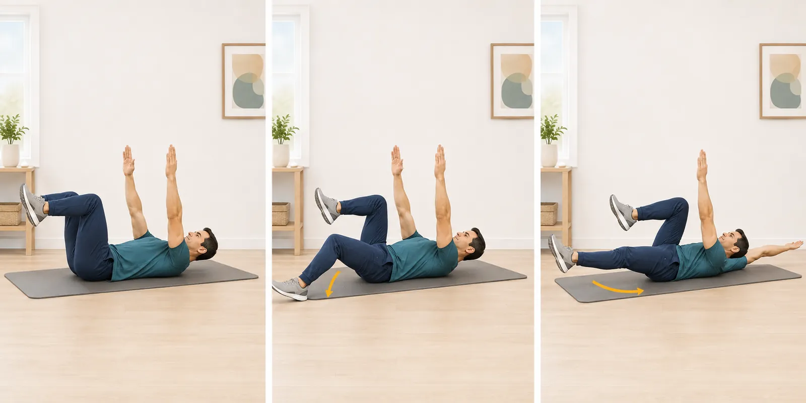 Beginner dead bug starting position, heel tap and opposite-limb progression