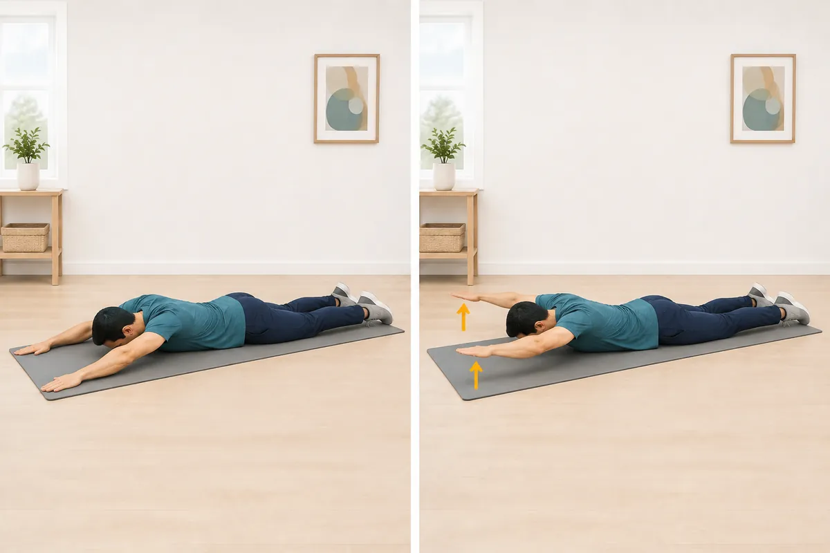 Beginner floor Y-raise starting and lifted arm positions