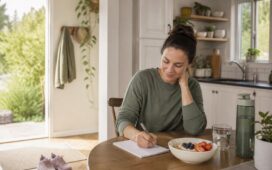 Woman planning a healthy daily routine beside breakfast, water, and walking shoes