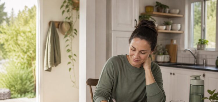 Woman planning a healthy daily routine beside breakfast, water, and walking shoes