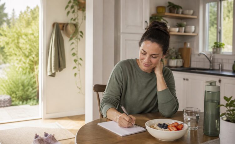 Woman planning a healthy daily routine beside breakfast, water, and walking shoes