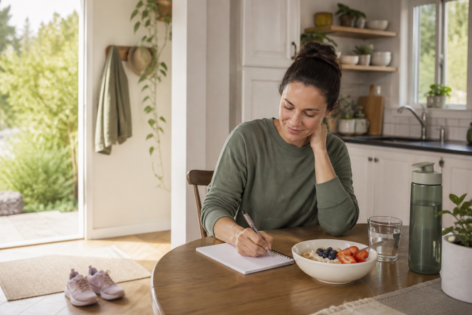 Woman planning a healthy daily routine beside breakfast, water, and walking shoes