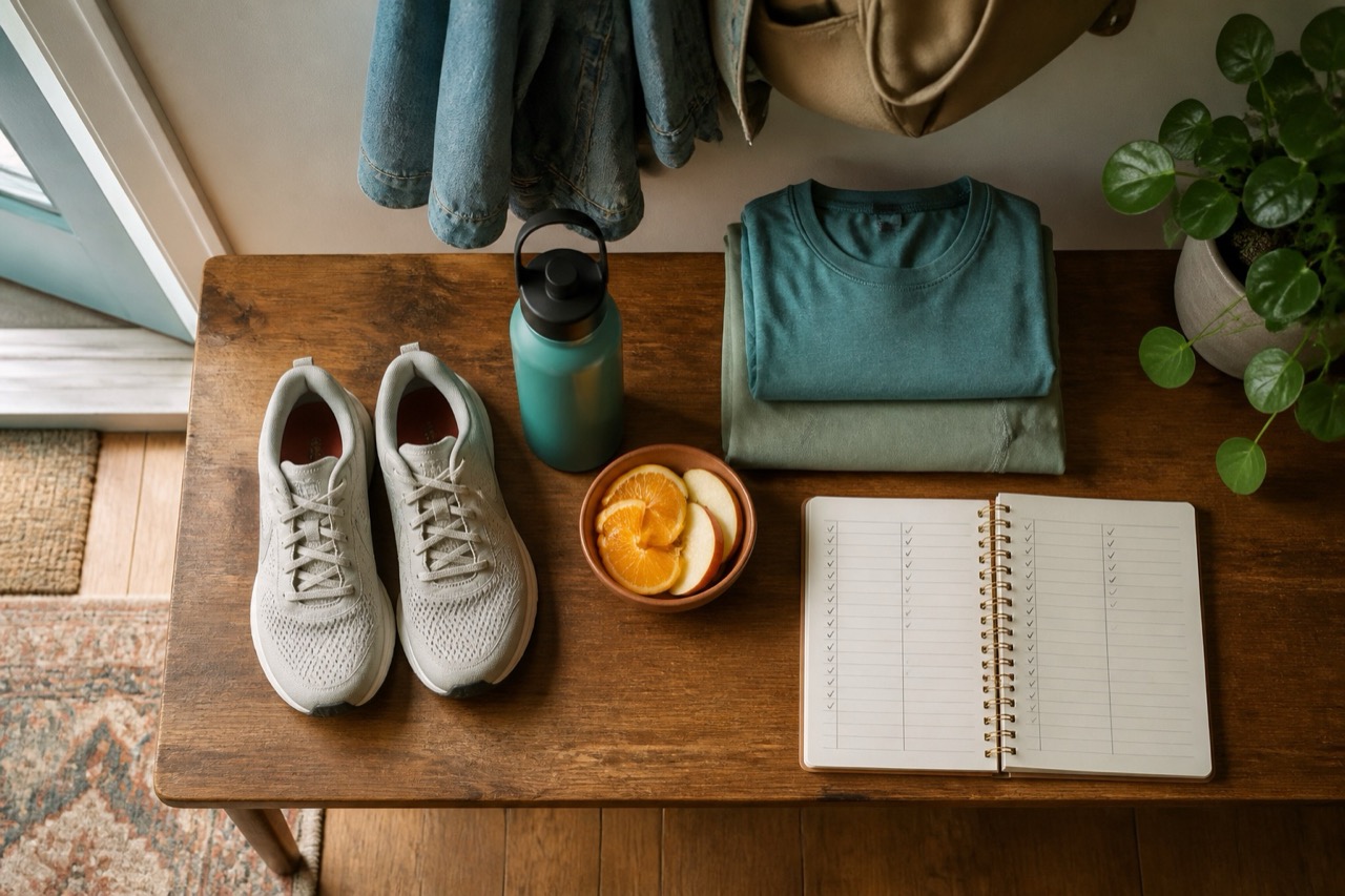 Walking shoes, water bottle, fruit, exercise clothes, and a weekly habit planner prepared in advance