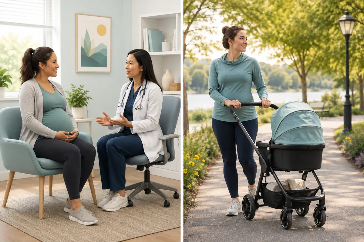 Pregnant woman consulting a healthcare professional and postpartum parent walking