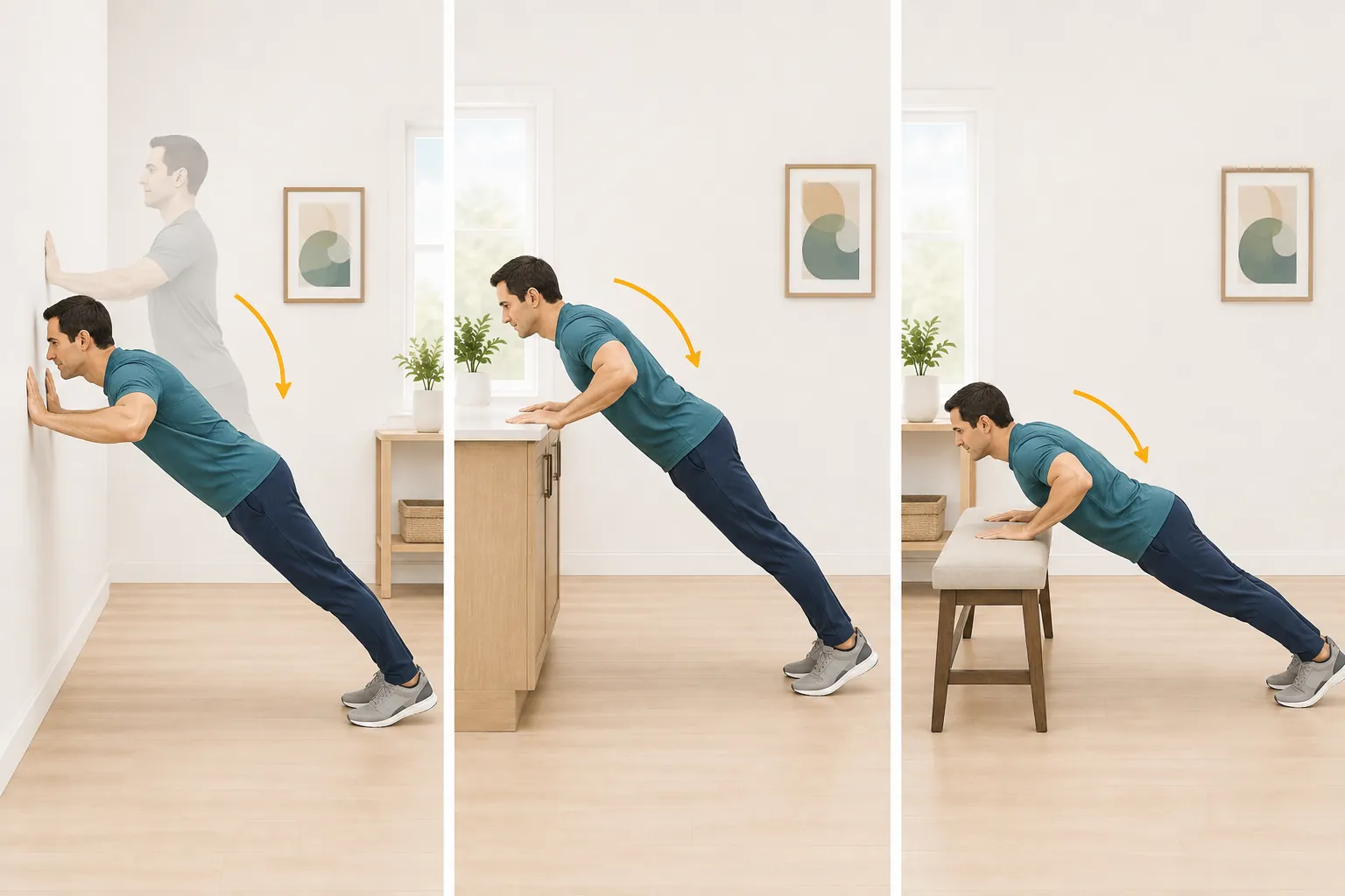 Wall, high-incline and lower-incline push-up progression for beginners