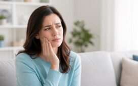 Woman holding her jaw because of severe tooth pain
