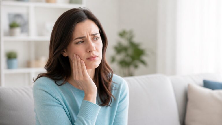 Woman holding her jaw because of severe tooth pain