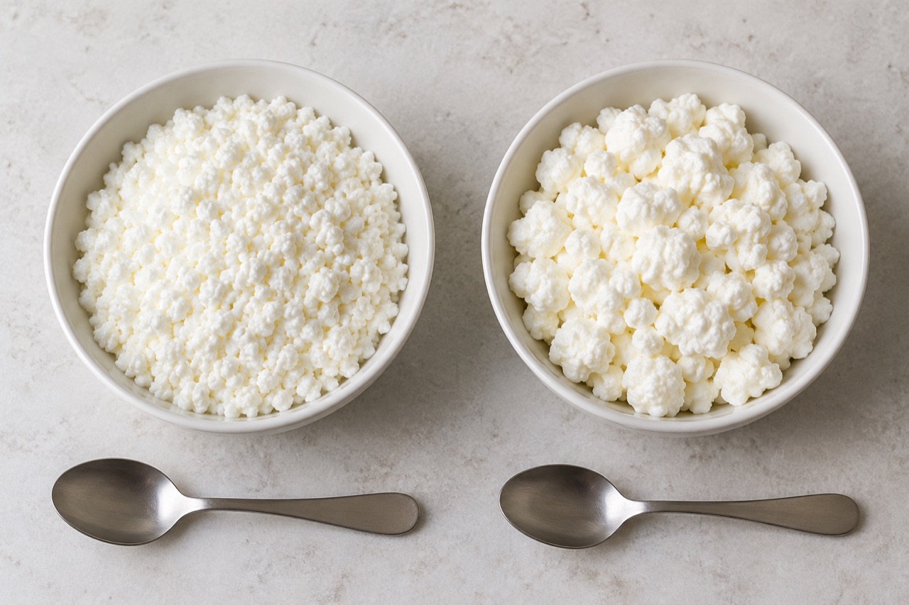 Small-curd cottage cheese beside large-curd cottage cheese for texture comparison