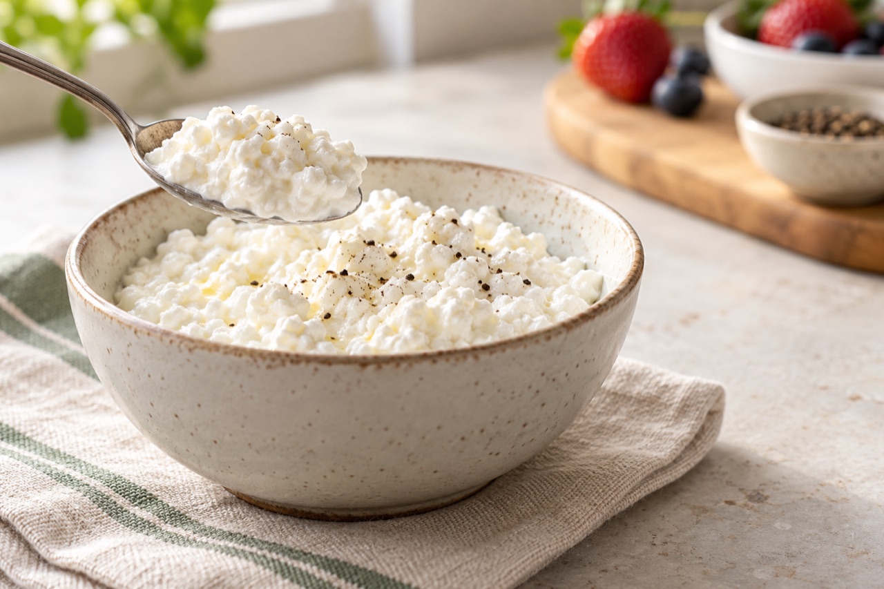 Bowl of cottage cheese showing its soft curds and creamy texture